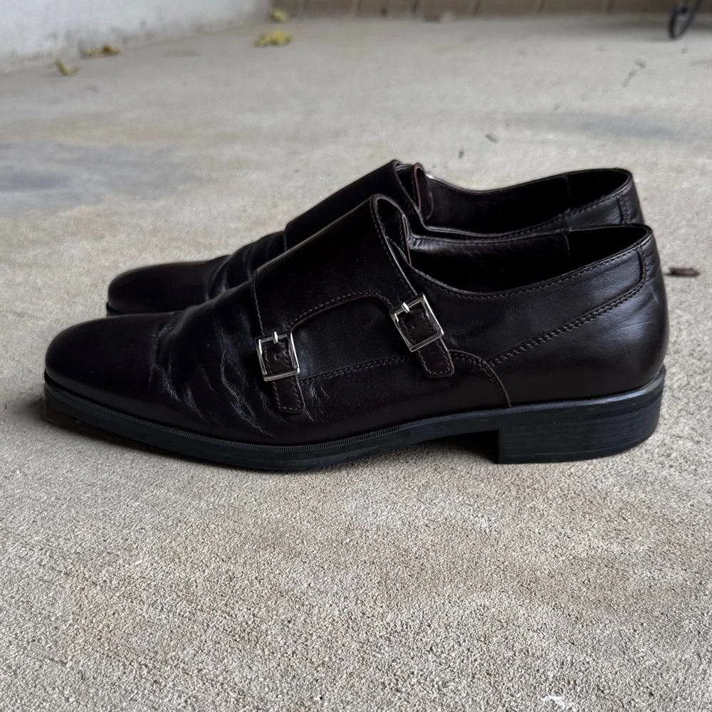 Bruno Magli mens 8.5 dark brown solid double monk strap leather dress shoes EUC
